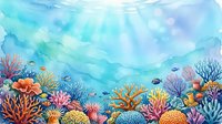 Vibrant underwater coral reef scene with colorful marine life, tropical fish swimming among diverse corals and sea plants in crystal clear ocean water.