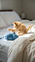 Adorable orange tabby kitten playing with blue mouse toy on white bedding in cozy bedroom interior for pet care and home lifestyle concepts.
