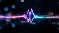 Glowing sound wave visualization in pink and blue colors with sparkles and bokeh effects on dark background, audio frequency spectrum display.