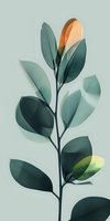 Minimalist botanical art featuring translucent green leaves and orange bud on light background, creating elegant layered effect with soft color transitions.