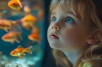 Young blonde girl with blue eyes gazing in wonder at orange goldfish swimming in aquarium. Magical childhood moment captured in dreamy teal and orange tones.