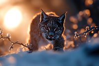Majestic lynx portrait in winter sunset light, close-up view through snowy branches with golden bokeh background creating atmospheric nature wildlife scene.