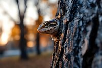 Small brown lizard peeking from tree bark in natural forest habitat with warm sunlight filtering through blurred background for wildlife photography.