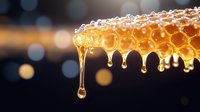 Fresh honey dripping from golden honeycomb with natural bokeh background, macro close-up showing crystalline texture and amber droplets forming in natural light.
