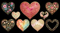 Decorative heart shapes with ornamental patterns, floral designs, and gold accents isolated on transparent background. Ready for t-shirt designs, clipart, stickers, sublimation, print-on-demand products, and digital crafts.