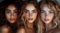 Diverse female faces with different skin tones and features showcase natural beauty. Three young women with wavy hair, glowing skin, and confident expressions.