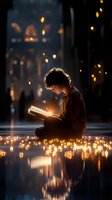 Young boy reading book surrounded by glowing candles reflecting on dark floor, creating magical atmosphere with bokeh lights and warm illumination in background.