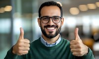Middle Eastern businessman wearing glasses and green sweater showing thumbs up with confident smile in modern office environment. Success concept.