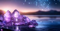 Purple amethyst crystal cluster on reflective surface against dreamy sunset sky with bokeh lights and mountain silhouette in background, mystical nature scene.