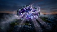 Mystical purple energy portal floating above rocky landscape with glowing particles and cosmic light beams creating magical fantasy atmosphere at twilight.