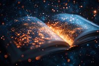 Magical open book with glowing cosmic pages emitting golden light particles against dark starry background, symbolizing knowledge and imagination.