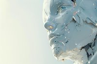 Fragmented porcelain-like face sculpture with smooth white surface breaking apart into floating pieces against minimal background, artistic conceptual composition.