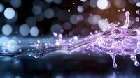 Magical purple water splash with glowing bokeh effect on dark background, frozen motion liquid photography for creative design and advertising projects.
