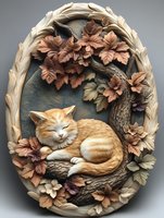 Decorative oval relief with sleeping ginger cat on tree branch surrounded by autumn leaves and floral elements in warm earth tones against gray background.