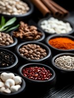 Assorted spices, seeds, and legumes in black ceramic bowls on dark background, selective focus on red beans, dramatic food styling for restaurant menu.