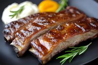 Grilled pork ribs with glazed barbecue sauce, served with fresh rosemary and citrus garnish on dark plate, close up view showing juicy meat texture.