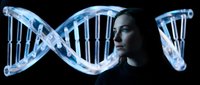 Young Caucasian female scientist examining glowing DNA double helix structure in laboratory setting for genetic research and biotechnology applications.