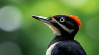 Close-up portrait of pileated woodpecker with distinctive red crest and black and white markings against blurred green natural background, showing sharp beak detail.