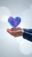Hand holding glowing holographic heart with purple and blue gradient patterns floating above palm against cloudy sky background for love concepts.