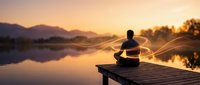 Young man practicing meditation in lotus position on wooden dock at serene lake during golden hour sunset with mountains and peaceful water reflections.