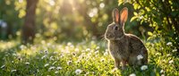 Wild rabbit standing in sunlit meadow with green grass and flowering plants, suitable for nature, wildlife, and outdoor design projects.