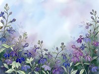 Watercolor floral background with blue and purple wildflowers and bees on a soft pastel gradient, copy space for text.
