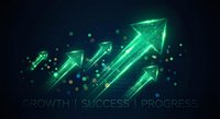 Digital green arrows pointing upward with glowing effects and particles on dark background representing business growth and financial success.