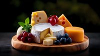 Assorted cheese platter with brie, cheddar and swiss varieties served on wooden board, garnished with fresh grapes, blueberries and basil leaves on dark background.