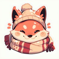 Cute cartoon fox wearing winter knit hat and striped scarf, drawn in kawaii style with rosy cheeks and sweet smile on isolated background for sticker or emoji design.