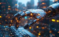 Robotic hand typing on keyboard with glowing orange and blue particles, dramatic lighting creates futuristic atmosphere. Concept of artificial intelligence and automation.