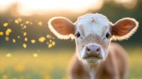 Young brown and white calf face close-up with big ears in golden sunset light, bokeh background with glowing particles, looking directly at camera with curious expression.