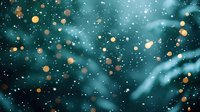 Dreamy teal background with golden bokeh lights and soft white particles creating magical atmospheric effect for festive or fantasy designs.