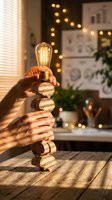 Hand holding glowing vintage Edison bulb with stacked coins on wooden desk in cozy home office with warm bokeh lights creating inspiring workspace atmosphere.