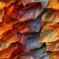 Seamless autumn leaves pattern in orange, burgundy and blue tones creates dramatic natural background. Detailed leaf veins and layered composition for textile design.