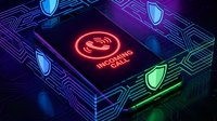 Incoming call notification displayed on smartphone screen with neon glowing red text and shield icons on circuit board background, suitable for cybersecurity, technology, and mobile app design projects.
