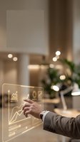 Businessman hand touching transparent digital display with financial charts and growth analytics in modern office workspace with blurred background.