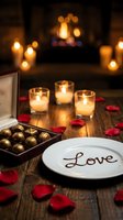 Romantic candlelit setting with love written on a plate, chocolates, rose petals, and glowing fireplace for Valentine's Day or anniversary.