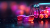 Pills spilling from prescription bottle with dramatic neon lighting and bokeh effects creating moody atmosphere for healthcare and pharmaceutical concepts.