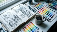 Artist workspace with open sketchbook containing figure drawings, watercolor palette swatches, paintbrush, and ceramic mug on white desk by window for creative design projects.