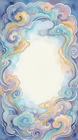 Watercolor frame with swirling pastel clouds in blue, purple, and gold tones, forming an oval copy space for text or design elements.