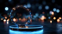Glowing circular ring with sparkling lights floating above illuminated platform against blurred bokeh background for futuristic technology presentations.