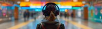 Young woman wearing headphones in subway station with blurred commuters and colorful lights in background, panoramic view capturing urban lifestyle and music experience.