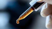Amber liquid drop falling from glass dropper in macro photography against blurred background, demonstrating precision measurement in laboratory or wellness setting.