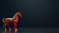 Red decorative horse figurine with golden ornate details and saddle on dark background for luxury home decor and collectible display purposes.