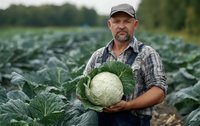 Mature farmer holding fresh harvested cabbage in field, showcasing organic farming and agricultural production during harvest season.