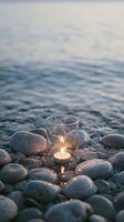 Glowing candle in glass lantern surrounded by smooth pebbles on beach at twilight with calm ocean waves and soft cloudy sky creating peaceful atmosphere.