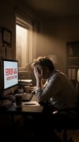 Frustrated businessman experiencing website error 404 message on computer screen in dimly lit office workspace holding head in hands showing stress and technical problems.