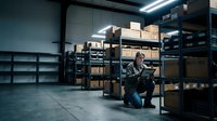 Young Caucasian male warehouse worker kneeling with tablet in industrial storage facility with metal shelving and cardboard boxes under fluorescent lighting.