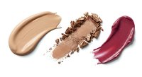 Cosmetic makeup smears and powder textures in neutral beige, brown eyeshadow, and burgundy lipstick shades isolated on white background for beauty design.