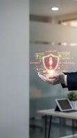 Businessman holding glowing digital shield with security alerts and threat detection icons in modern office environment. Cybersecurity protection concept.